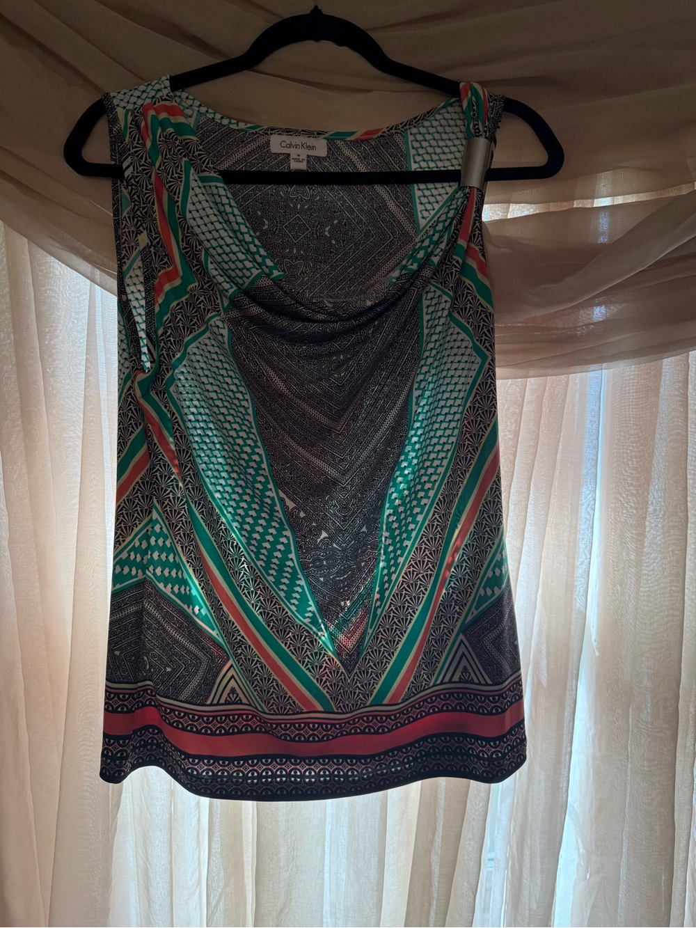 Calvin Klein Green and Pink Patterned Cowl Neck Camisole
